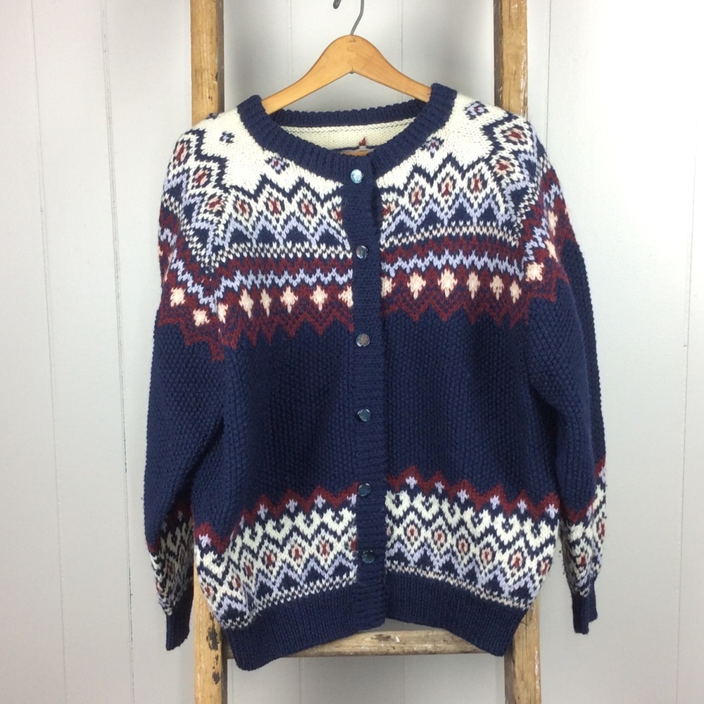 VTG Handknit Fair Isle Cardigan Chunky Knit Sweater